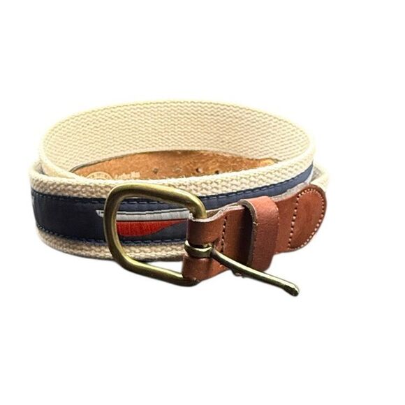 Leather Man Ltd. Belt Mens Size 42 Navy Leather Brass Buckle Woven Sailboat - Picture 2 of 16